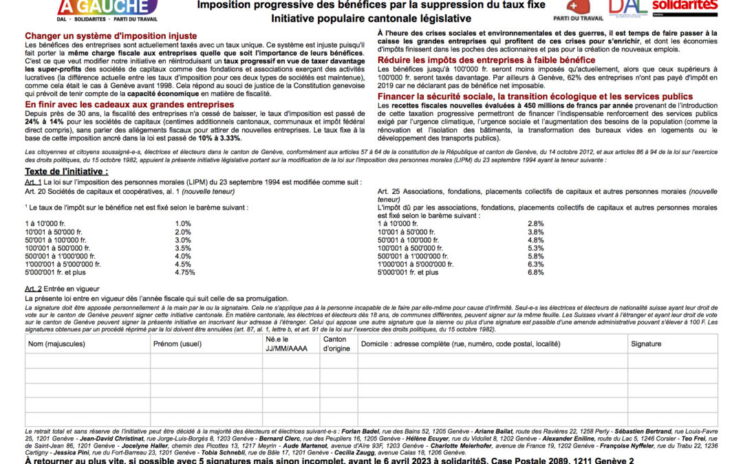 Signez l’initiative populaire cantonale d’Ensemble à Gauche pour une « Taxation plus juste des super-profits » !